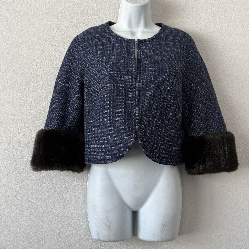 Trina Turk Wool Blend Tweed Cropped Blazer Jacket Faux Fur Cuffs Evening Retro S